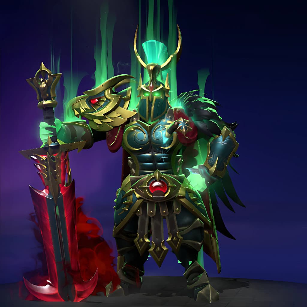Witness Ostarion reborn with the "Tyrant of the Veil" armor, a masterwork from Dota 2's Summer 2023 Collector's Cache. This rare Wraith King set features dark jade and burnished gold armor, a formidable horned helm, and a malevolent ethereal green glow that emanates from within. He wields an imposing crimson-edged sword crackling with blood-red energy, adorned with glowing red gems and ornate engravings, embodying dark majesty and tyrannical power. 
