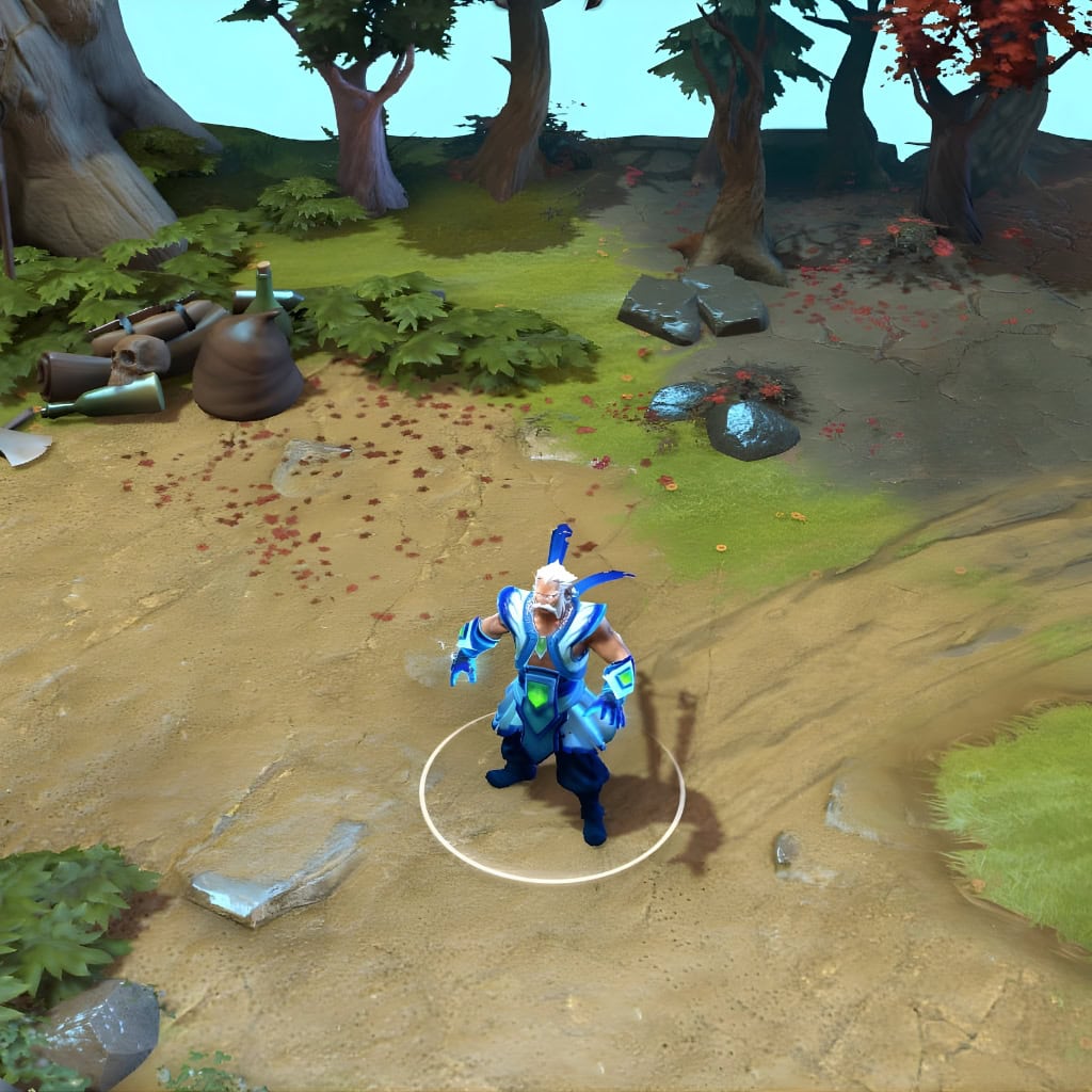 A gameplay screenshot of Zeus's default model in Dota 2. This serves as a baseline to contrast with the powerful, sculpted physique and enhanced visual effects of the rare Wartorn Heavens set from The International 2016 Collector's Cache.