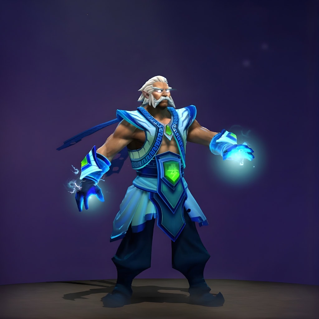 The default skin of Zeus, for comparison with the Wartorn Heavens set from The International 2016 Collector's Cache. This highlights the transformation into a battle-ready king with regal armor, a majestic helmet, and gauntlets crackling with blue lightning.
