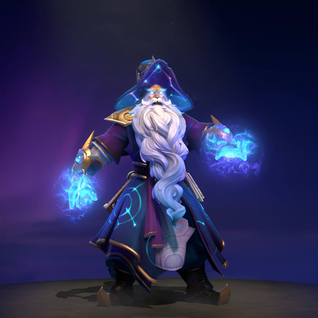 Zeus's "Photonic Father" Cosmic 2025 Heroes Hoard set. Draped in deep indigo and purple constellation robes with gold trim, a stargazer's hood with a luminous gem, and a silver nebula beard. His hands burn with crackling blue photonic energy and contained blue stars.