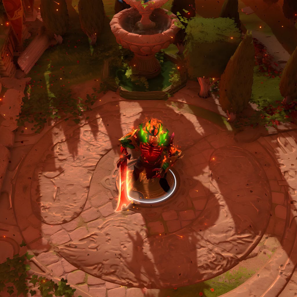 Dota 2 map under the ominous Ash weather effect, with drifting grey embers and a hero.