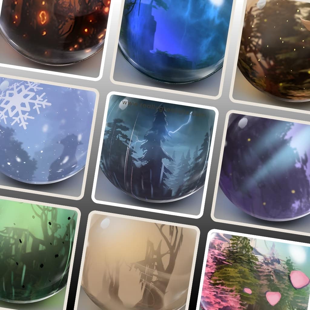 A collage of the 9 unique in-game icons for the Dota 2 Weather Effects Bundle, showcasing the art for Harvest, Snow, Moonbeam, Ash, Sirocco, Pestilence, Spring, Aurora, and Rain.