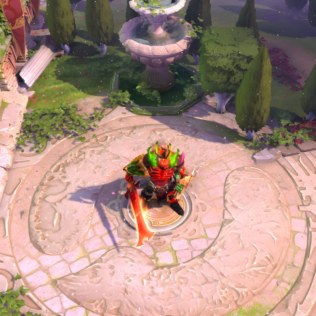 Dota 2 map with the beautiful Spring weather effect, showing delicate cherry blossom petals and a hero.