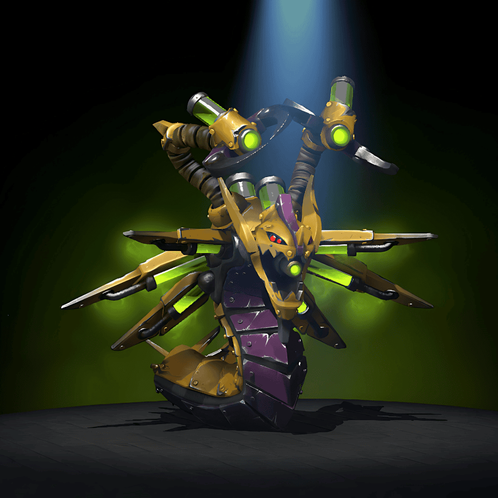 Dota 2 hero Venomancer wearing the Mechamancer cosmetic set, featuring a robotic design with gold, purple, and green details.